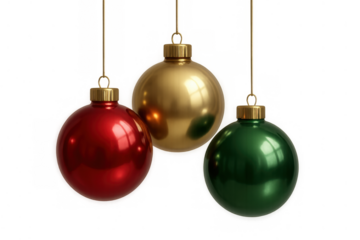 Christmas baubles in red, gold, and green tones hanging, creating a festive holiday decoration with a transparent background