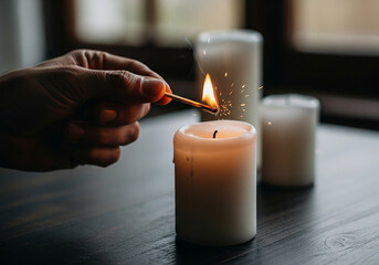 Hand Lighting a White Candle with a Match