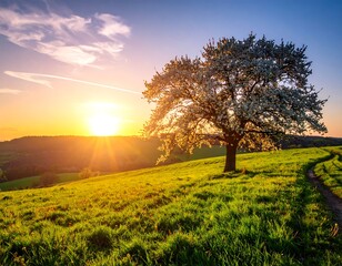Fototapeta premium Spring sunset over a blossoming landscape