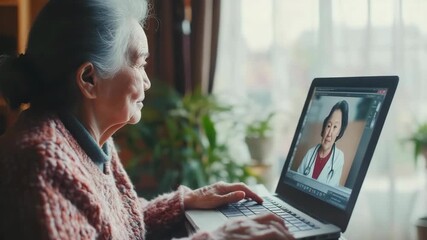Telemedicine. Elderly woman making video call to female doctor at home, doctor consulting patient online, telemedicine and healthcare concept. ill feeling woman making a call from home with physician - Powered by Adobe