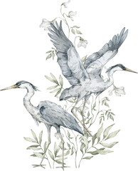 Obraz premium Watercolor blue heron and leaves. Vintage nature illustration for cards, posters.