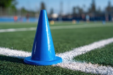 Blue cone on green artificial turf with white line, featuring blurred background of people and sports equipment, bright lighting enhances vibrant colors perfect for sports-related imagery