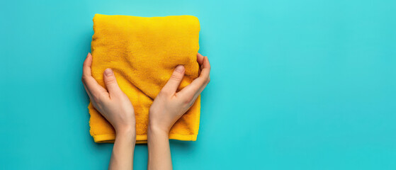 Hands holding yellow cleaning cloth blue background cleaning or wiping surface bright and clean