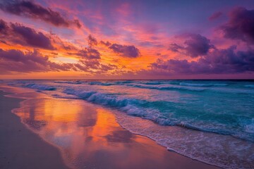 Breathtaking sunset over tranquil sea with vibrant orange, purple, and pink hues illuminating fluffy clouds, gentle waves reflecting colors, and peaceful shoreline embracing the serene beauty