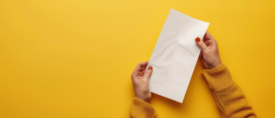 Person holding blank white paper envelope with both hands against bright yellow background