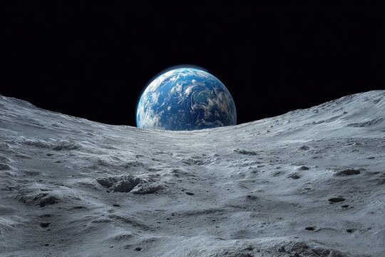 Lunar landscape with earth view, gray dust and craters below, vibrant blue planet above, black backdrop creating contrast, evoking vastness and isolation for space enthusiasts