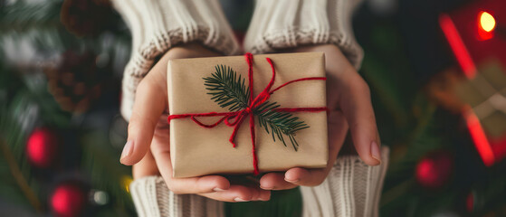 Person holding wrapped gift with pine branch decoration and red string festive holiday scene