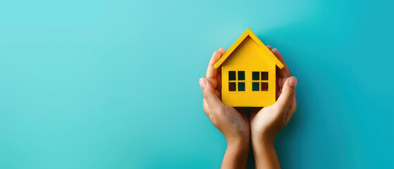 Hands holding small yellow house model blue background, symbolizing home ownership or real