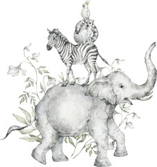 Watercolor African safari animals. Elephant, zebra, lemur, parrot. Funny print design