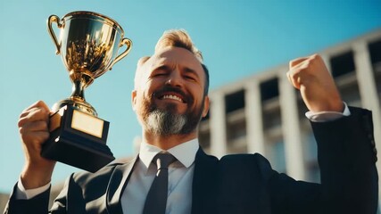 business man in suit holding a golden trophy cup, celebrating success, victory, office team applause. employee appreciation day. awarding the best employee. Close up, faceless, leader, boss, company