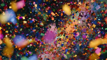 A dynamic close-up of multi-colored confetti pieces suspended in mid-air against a dark out-of-focus background - Powered by Adobe