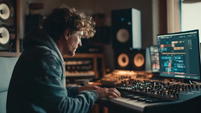 Crafting Music: A musician engrossed in creating musical composition at a studio with high-tech equipment, demonstrating dedication and passion for artistic sound production.