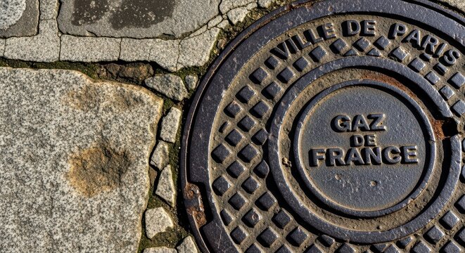Paris gas manhole cover on cobblestone street