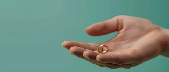 Hand holding gold ring with soft background, symbolizing love or commitment, conveying emotional