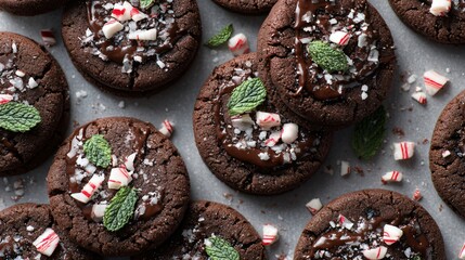 Fototapeta premium A flat lay of chocolate peppermint cookies, neutral background