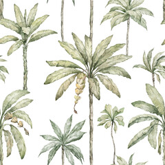 Watercolor seamless pattern with tropical palm trees. Coconut and banana palms. Vintage green background with wildlife jungle elements for wallpaper, wrapping