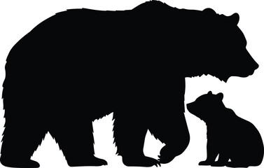 Bear and cub silhouette vector illustration on white background, wildlife animal family design for nature and forest concept, cad drawing flat vector illustration