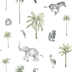 Obraz premium Watercolor seamless pattern with African animals and palm trees. Zebra, elephant, lemur, leopard, toucan. Tropical, jungle background for wallpaper, textile.