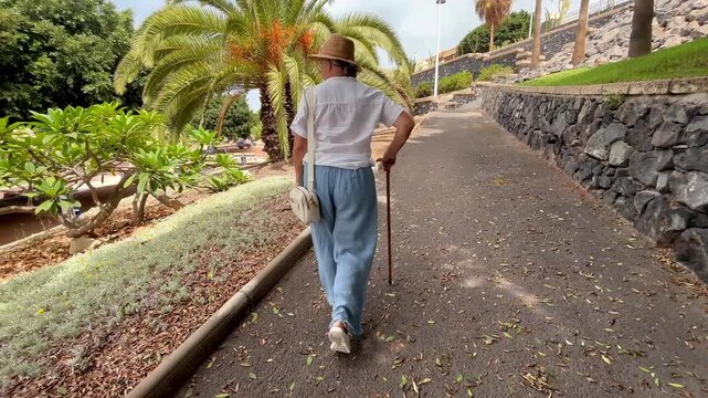 Back view of elder 70s woman with walking disability holding knob of cane, leaning on gimp stick walking in the park, suffering from muscles problems, bones disease, recovering after trauma