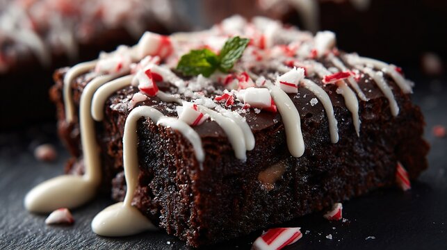 A peppermint brownie topped with white chocolate drizzle