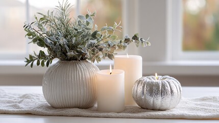 Elegant neutral-tone Christmas decor with white candles and greenery
