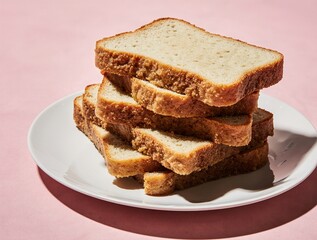 Stack of sliced white bread on a white plate with pink background