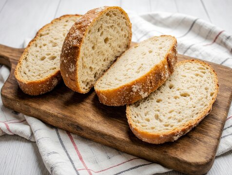 Artisan sourdough bread slices on a rustic wooden cutting board