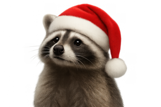 Raccoon wearing santa hat, looking sad, representing christmas holidays and festive tradition, transparent background