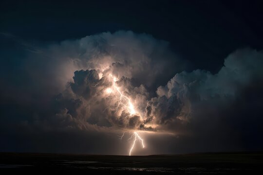 Dramatic lightning bolt splits the pitch black sky over a dark landscape during a thunderstorm