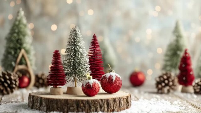 A festive still life with miniature trees and red ornaments on a rustic wood slice surrounded by artificial snow