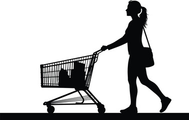 Silhouette of woman pushing shopping cart with groceries, isolated vector illustration, retail customer concept, supermarket buyer design, cad drawing flat vector illustration © Amol Chandra