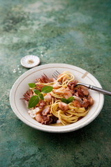 Spaghetti with seafood and basil