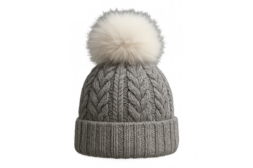 Gray knitted beanie hat displaying a cable knit pattern and a white pom-pom, ready for winter fashion