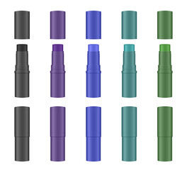 Obraz premium Mockup of open and closed cosmetic sticks. Cosmetic tube. Eye shadow pen, highlighter or bronzer. Face paint. Green. teal, blue, purple, and black containers.