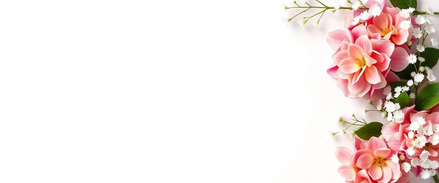 Elegant blank greeting card mockup with hydrangea and gypsophila corner floral arrangement, top view,   background,   summer - Powered by Adobe