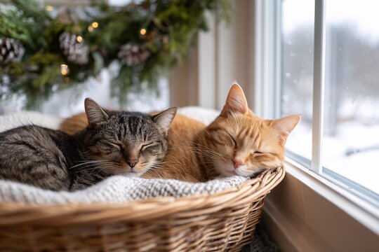 Two elderly cats snuggling together in a wicker basket by the window