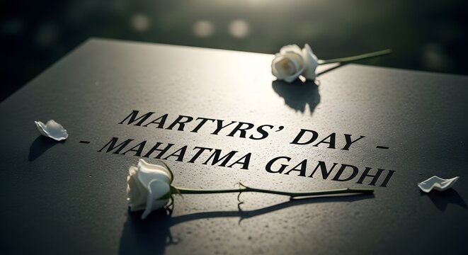 Martyrs day mahatma gandhi memorial stone with white roses and water droplets, honoring the sacrifice and memory of a great leader