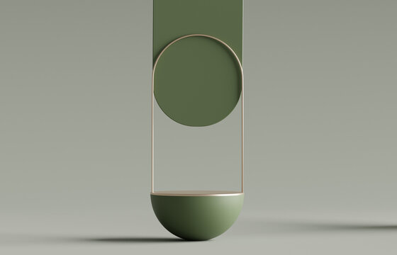 3D podium display levitating on pastel green background. Cosmetic beauty product promotion pedestal with gold. Frame showcase. Abstract minimal studio 3D render spring mockup.	
