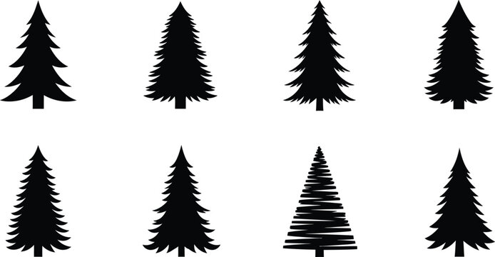 Collection of stylized black pine and fir trees on a white background