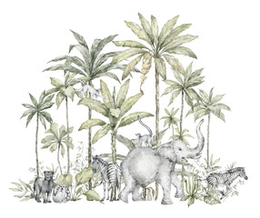 Obraz premium Watercolor composition with African animals, nature elements. Giraffe, elephant, monkeys, parrots, palm trees, greenery. Safari, wild jungle, tropical illustration