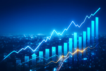 Stock market growth chart over city background