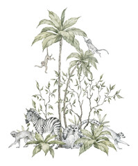 Watercolor tropical nature and animals. Wild jungle, zebra, lemur, monkey, palm trees, exotic wildlife