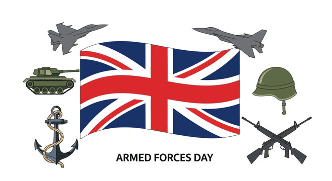 British Armed Forces Day Celebration with Union Jack Flag and Military Symbols.