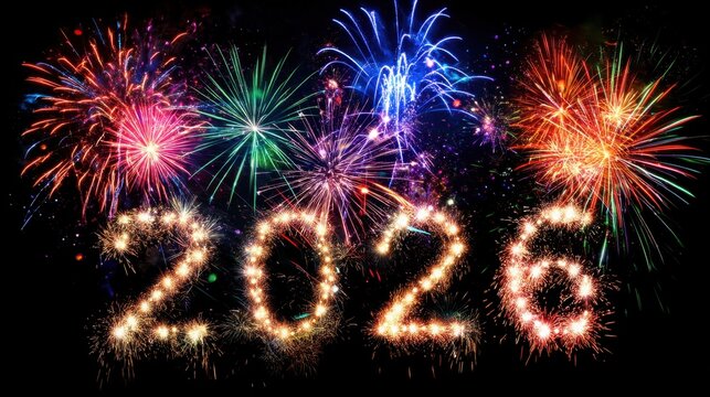 Colorful fireworks display celebrating the New Year 2026. Bright sparks and vibrant colors illuminate the night sky.