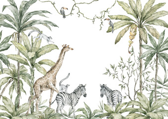 Obraz premium Watercolor composition with African animals and nature elements. Giraffe, zebra, lemure, palm trees, greenery. Safari wild creatures. Jungle, tropical illustration for nursery wallpaper