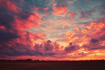 Fototapeta premium Dramatic sunset sky over peaceful countryside with vibrant colors and fluffy clouds capturing the beauty of nature at dusk