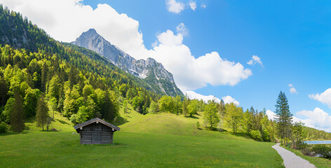 stunning alpine spring landscape hiking destination Ferchensee, Mittenwald.