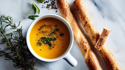 An elegant flat lay of soup, herbs, and breadsticks, minimalist balance