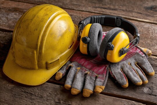 Essential construction gear including hard hat earmuffs and gloves resting on a wooden surface ready for site work