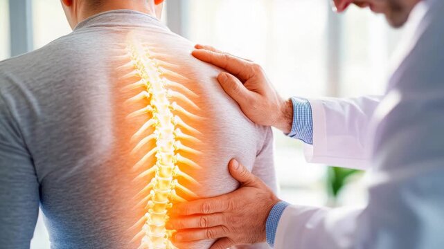 Chiropractor examining patient with back pain in clinic. Physiotherapist working examining treating injured back of male patient with spine x-ray visualization, Rehabilitation therapy. spinal health